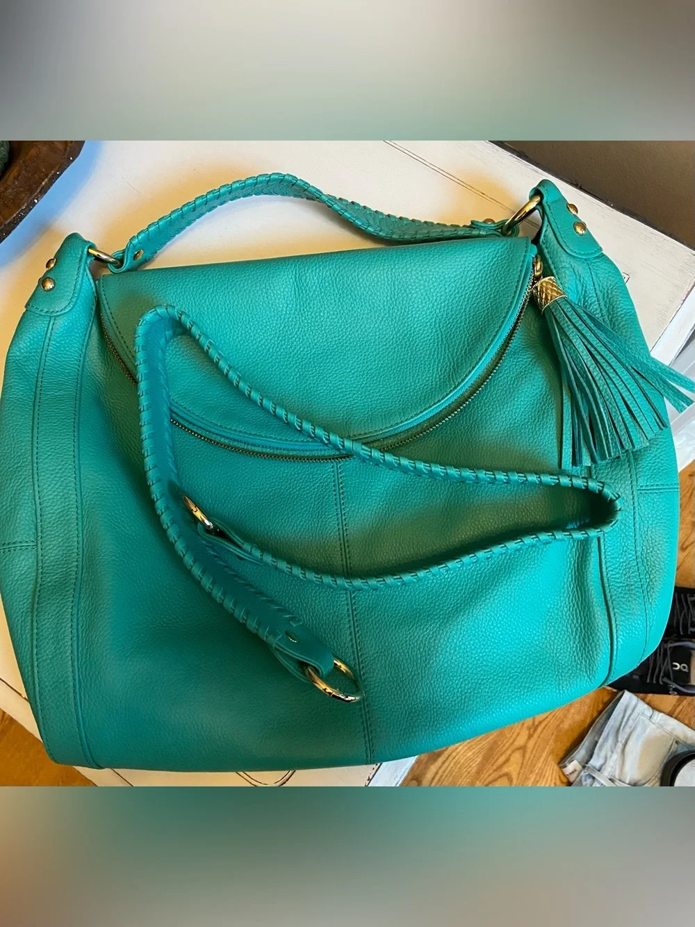 NWOT Onna Ehrlich Rachel Turquoise Pebbled Leather Shoulder Bag with Tassel